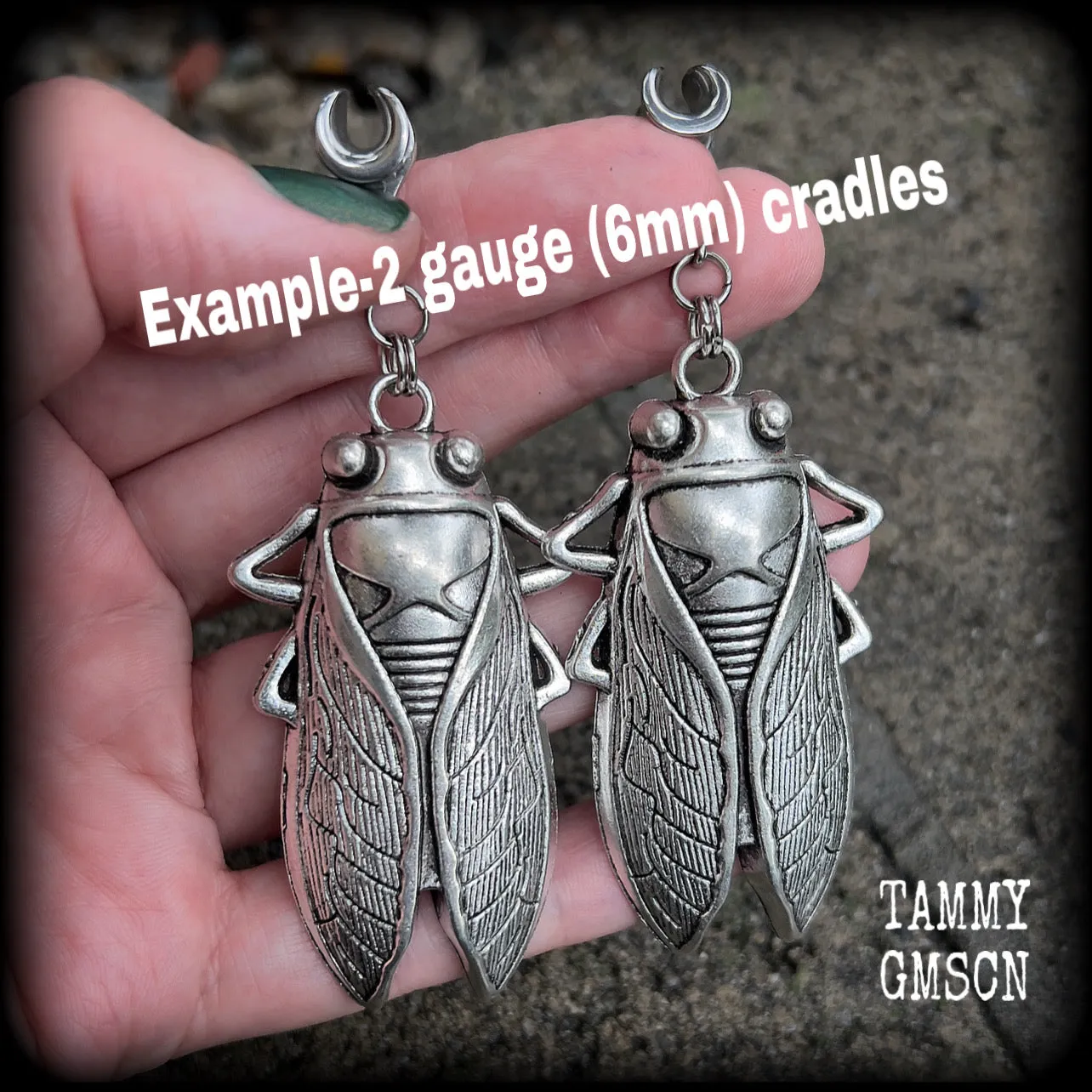 Silver cicada gauged earrings-Insect ear weights