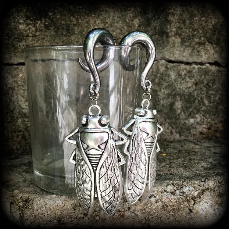 Silver cicada gauged earrings-Insect ear weights