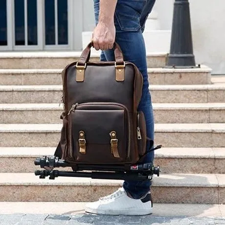 Simple Tripod Holder  Large Leather Backpack Camera Bag