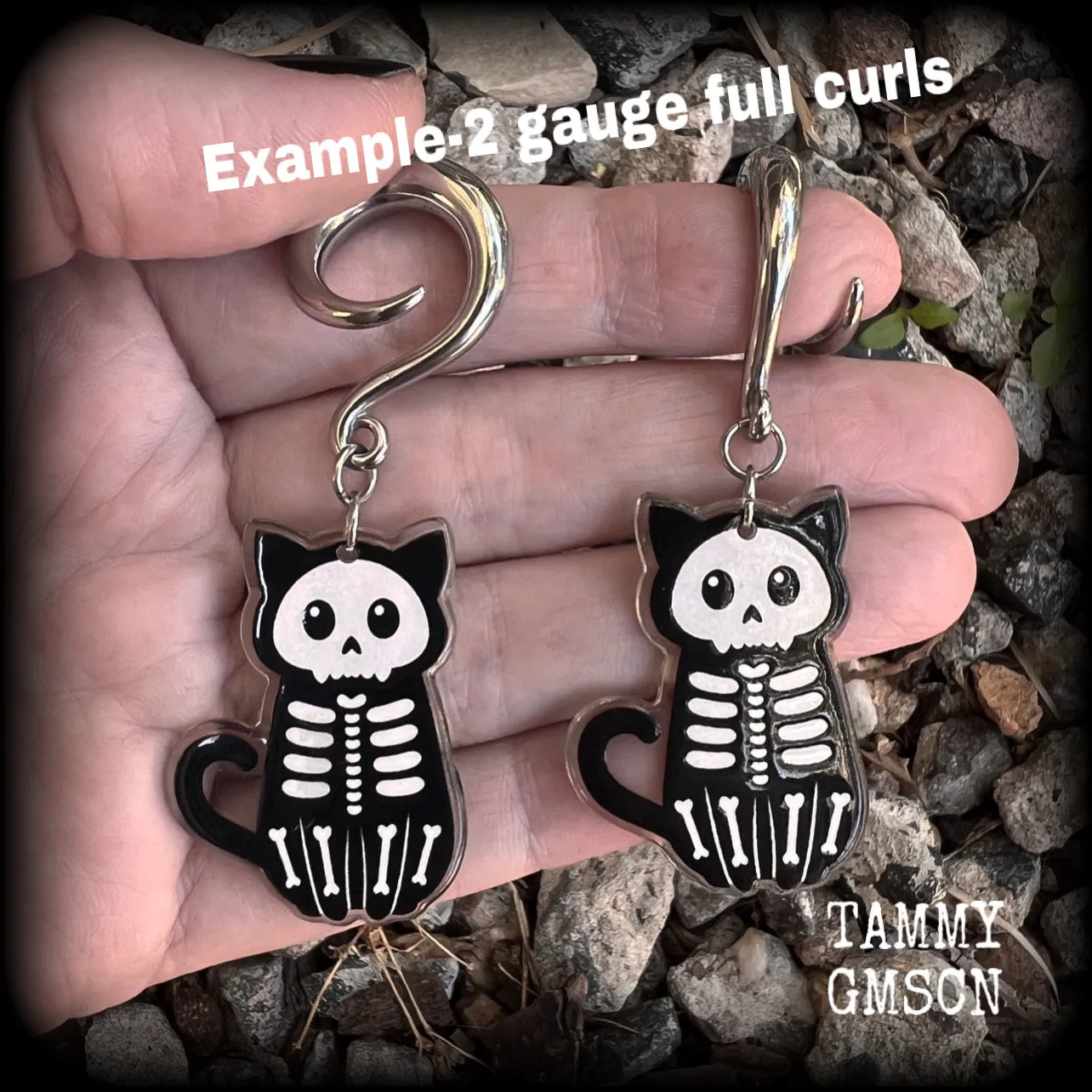 Skeleton cat gauged earrings-Halloween ear gauges