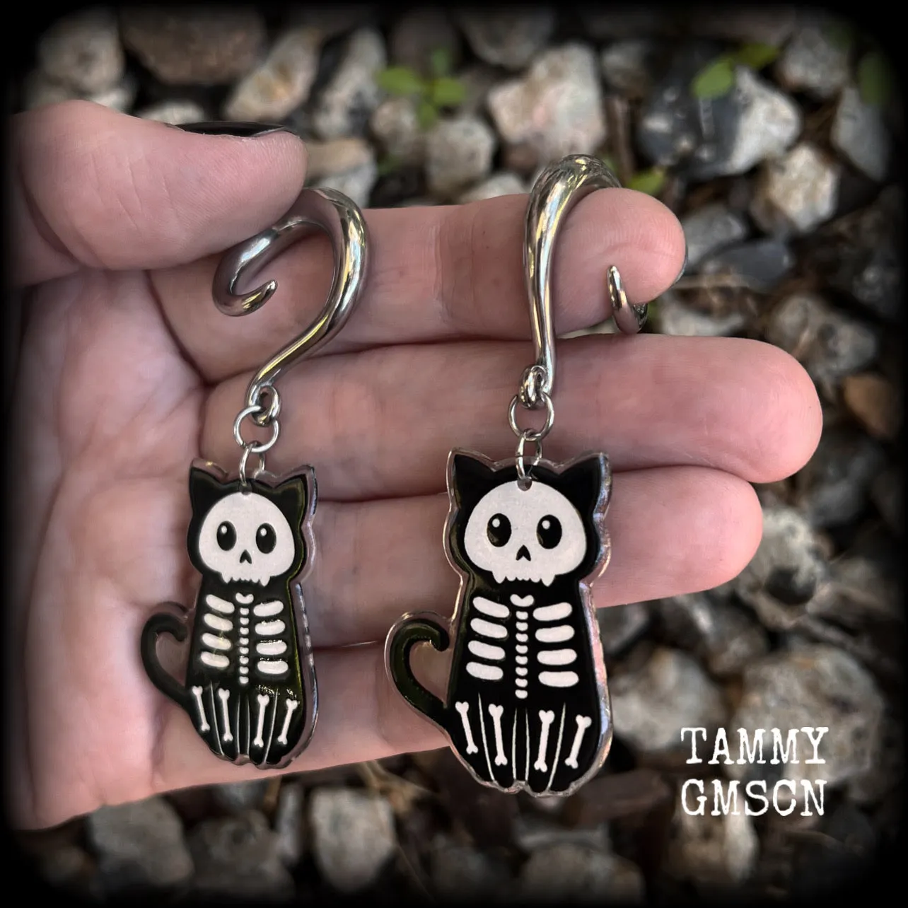 Skeleton cat gauged earrings-Halloween ear gauges