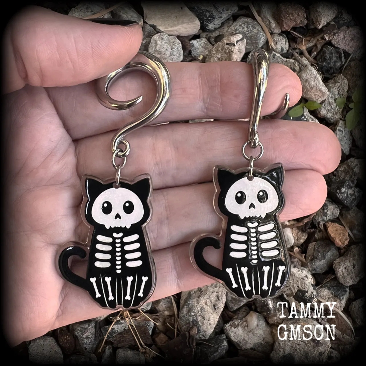 Skeleton cat gauged earrings-Halloween ear gauges