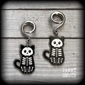 Skeleton cat gauged earrings-Halloween ear gauges