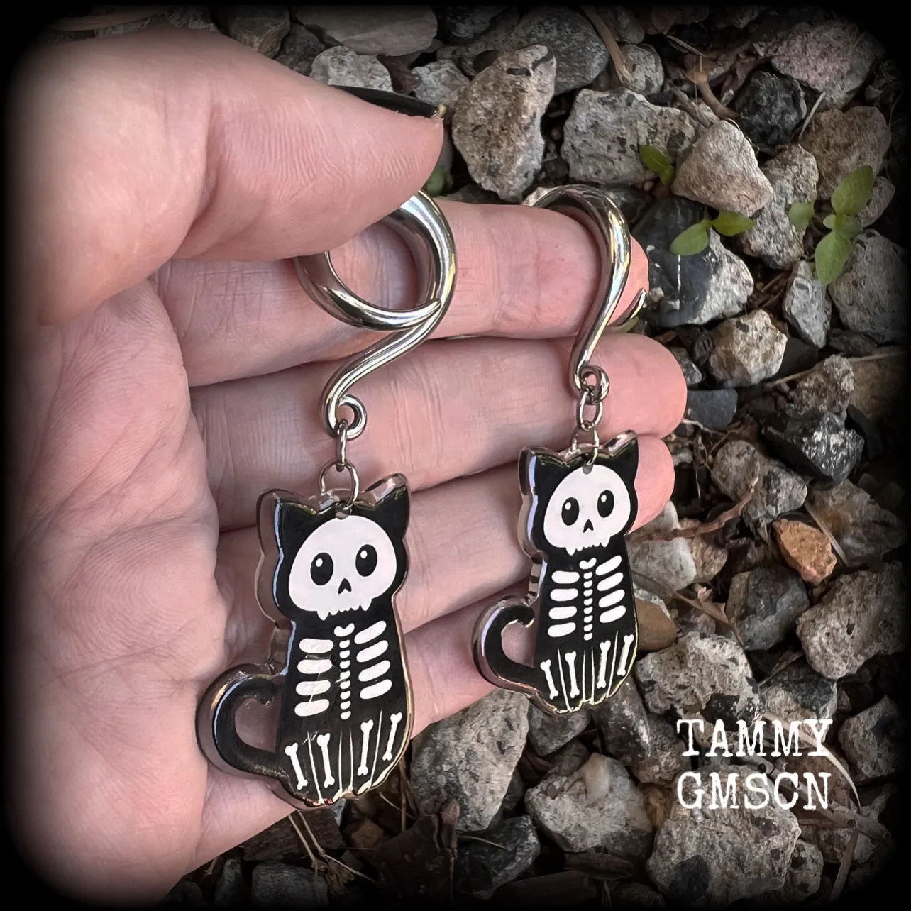 Skeleton cat gauged earrings-Halloween ear gauges