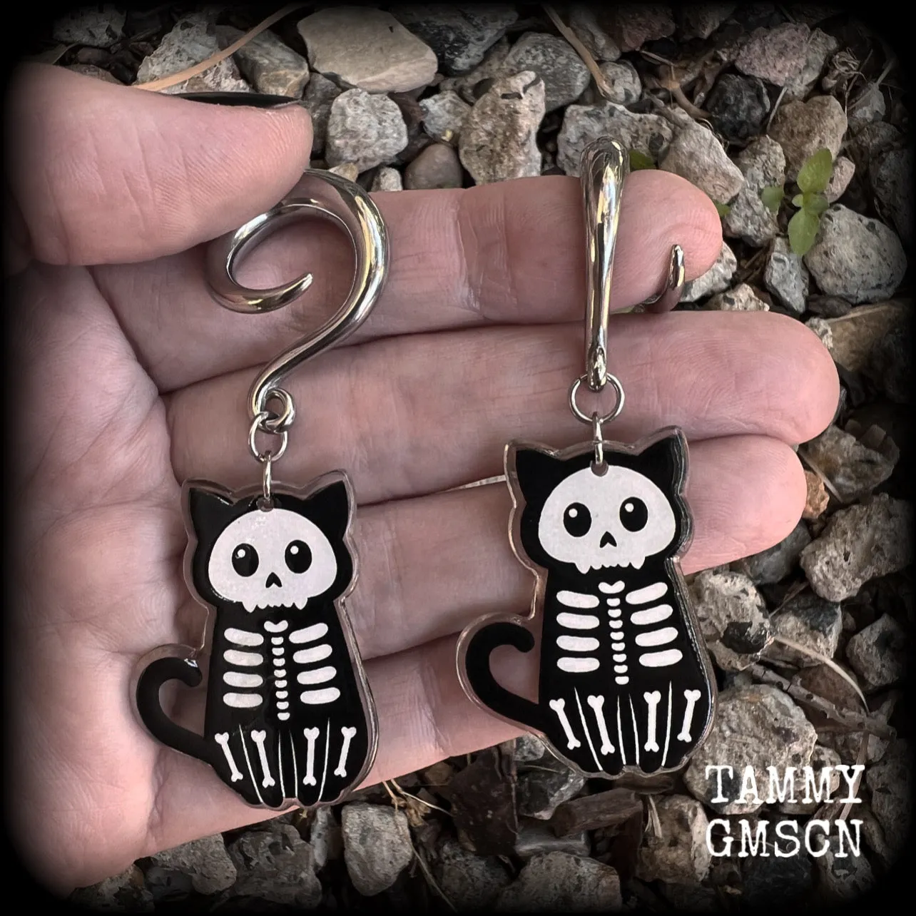 Skeleton cat gauged earrings-Halloween ear gauges