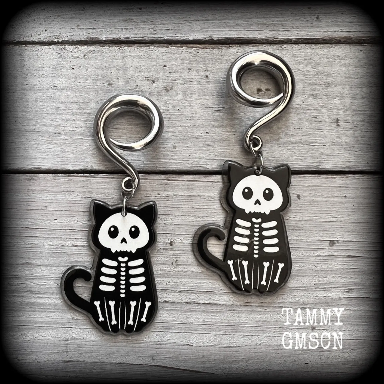 Skeleton cat gauged earrings-Halloween ear gauges