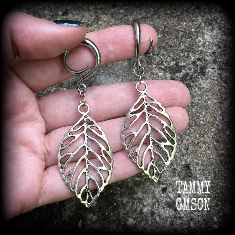 Skeleton leaf gauged earrings-Leaf ear weights