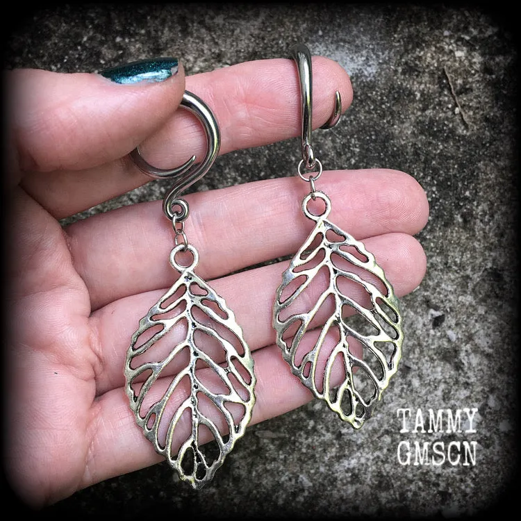 Skeleton leaf gauged earrings-Leaf ear weights
