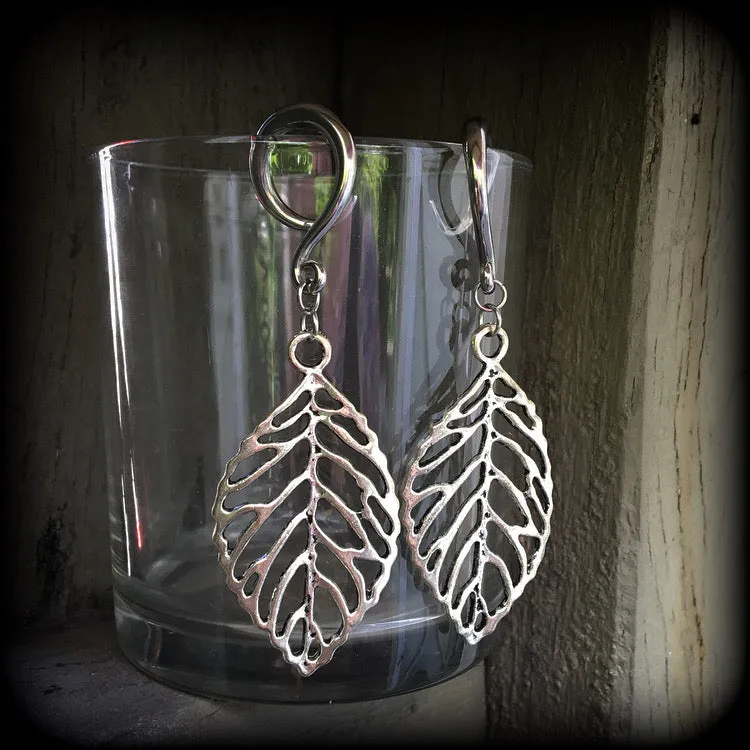 Skeleton leaf gauged earrings-Leaf ear weights