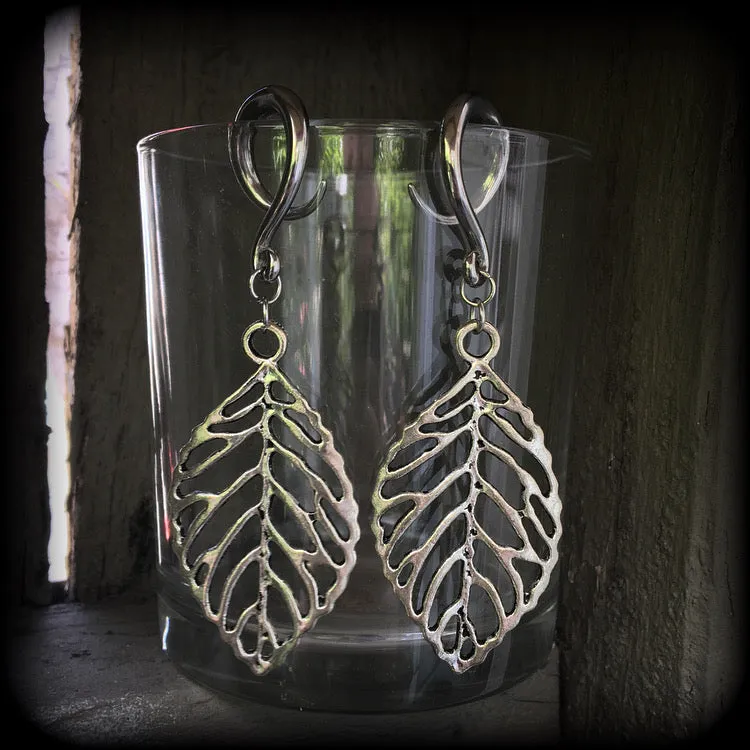 Skeleton leaf gauged earrings-Leaf ear weights