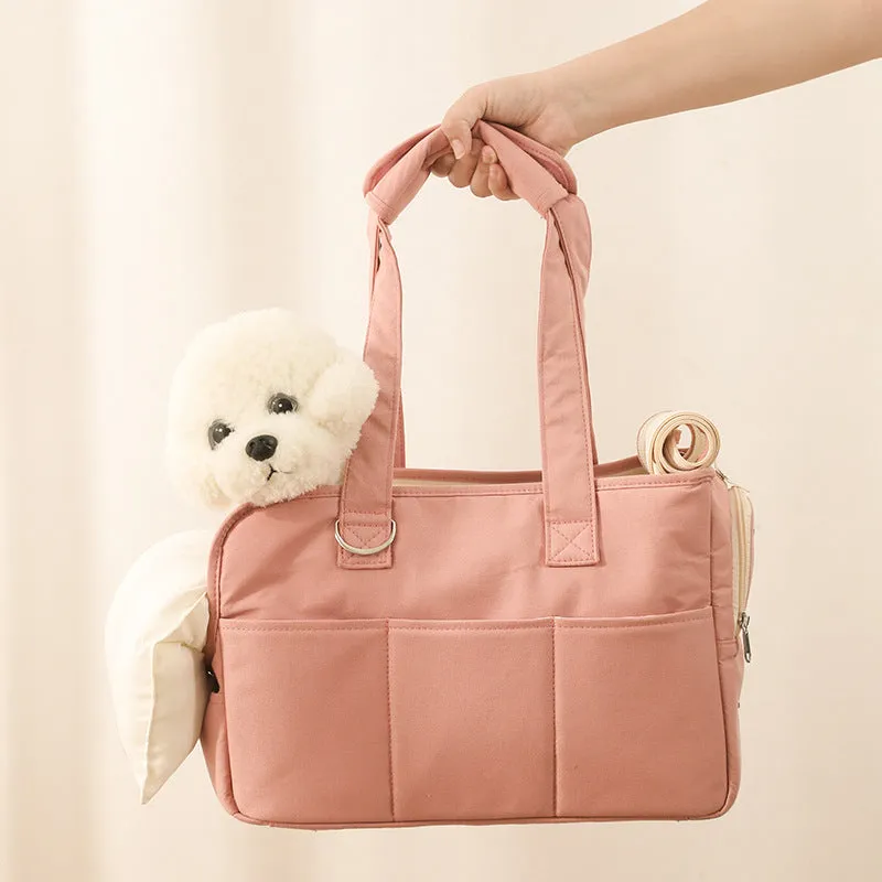 Sweet Cream Puff Pet Carrier with Net Outgoing Bag Made Of Pure Cotton in Pink Peach, Beige, Light Grey in Medium: 14” x 6” x 9” / Large: 16” x 7” x 12”