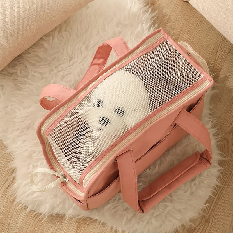 Sweet Cream Puff Pet Carrier with Net Outgoing Bag Made Of Pure Cotton in Pink Peach, Beige, Light Grey in Medium: 14” x 6” x 9” / Large: 16” x 7” x 12”