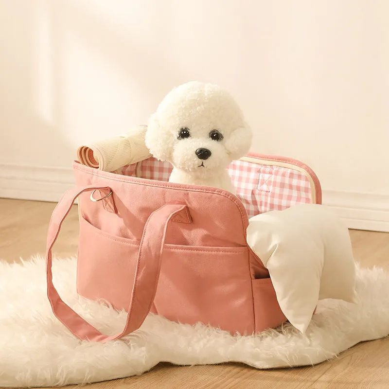Sweet Cream Puff Pet Carrier with Net Outgoing Bag Made Of Pure Cotton in Pink Peach, Beige, Light Grey in Medium: 14” x 6” x 9” / Large: 16” x 7” x 12”