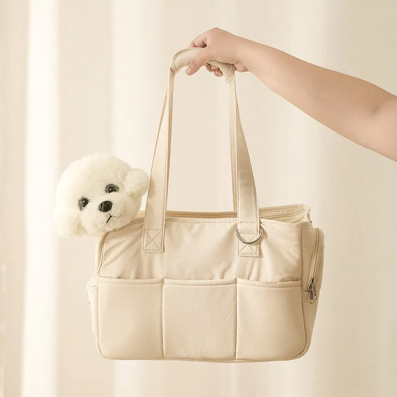 Sweet Cream Puff Pet Carrier with Net Outgoing Bag Made Of Pure Cotton in Pink Peach, Beige, Light Grey in Medium: 14” x 6” x 9” / Large: 16” x 7” x 12”