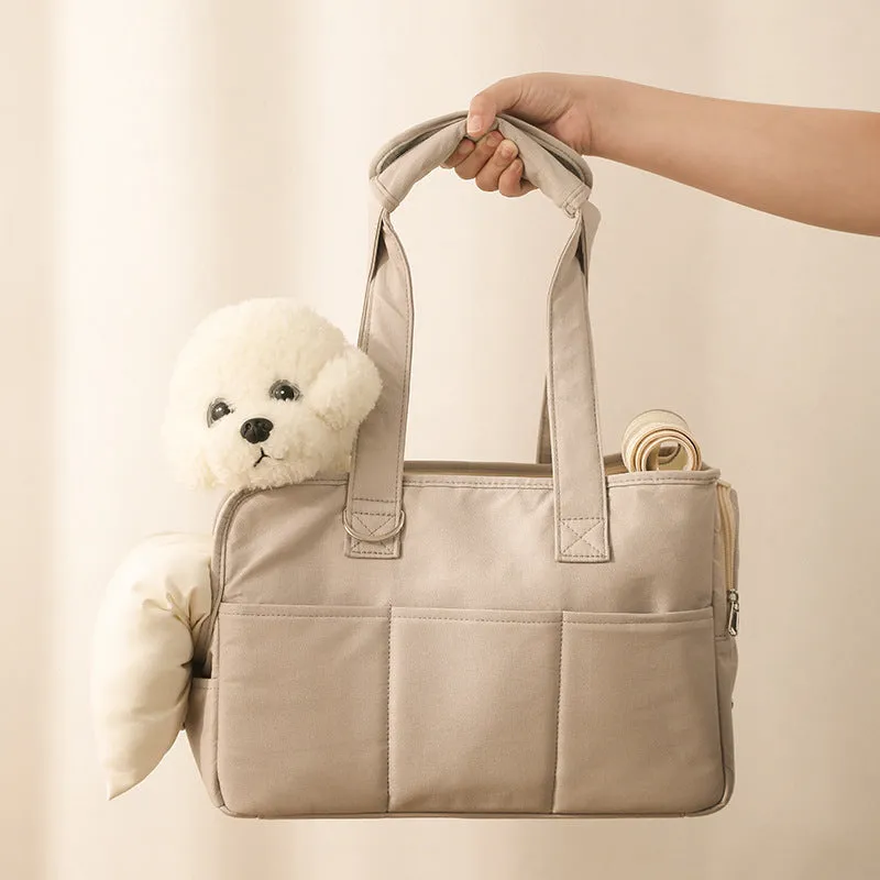 Sweet Cream Puff Pet Carrier with Net Outgoing Bag Made Of Pure Cotton in Pink Peach, Beige, Light Grey in Medium: 14” x 6” x 9” / Large: 16” x 7” x 12”