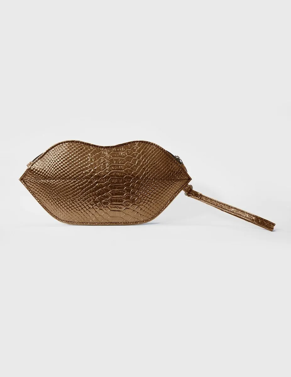 Textured Bronze Lips Shaped Metallic Makeup Pouch | Modern Myth