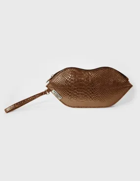 Textured Bronze Lips Shaped Metallic Makeup Pouch | Modern Myth
