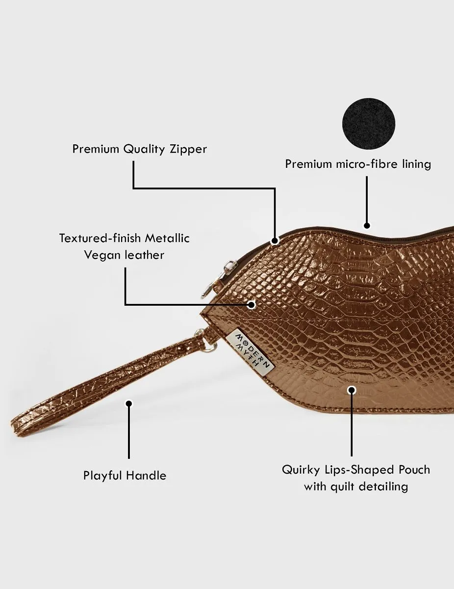 Textured Bronze Lips Shaped Metallic Makeup Pouch | Modern Myth