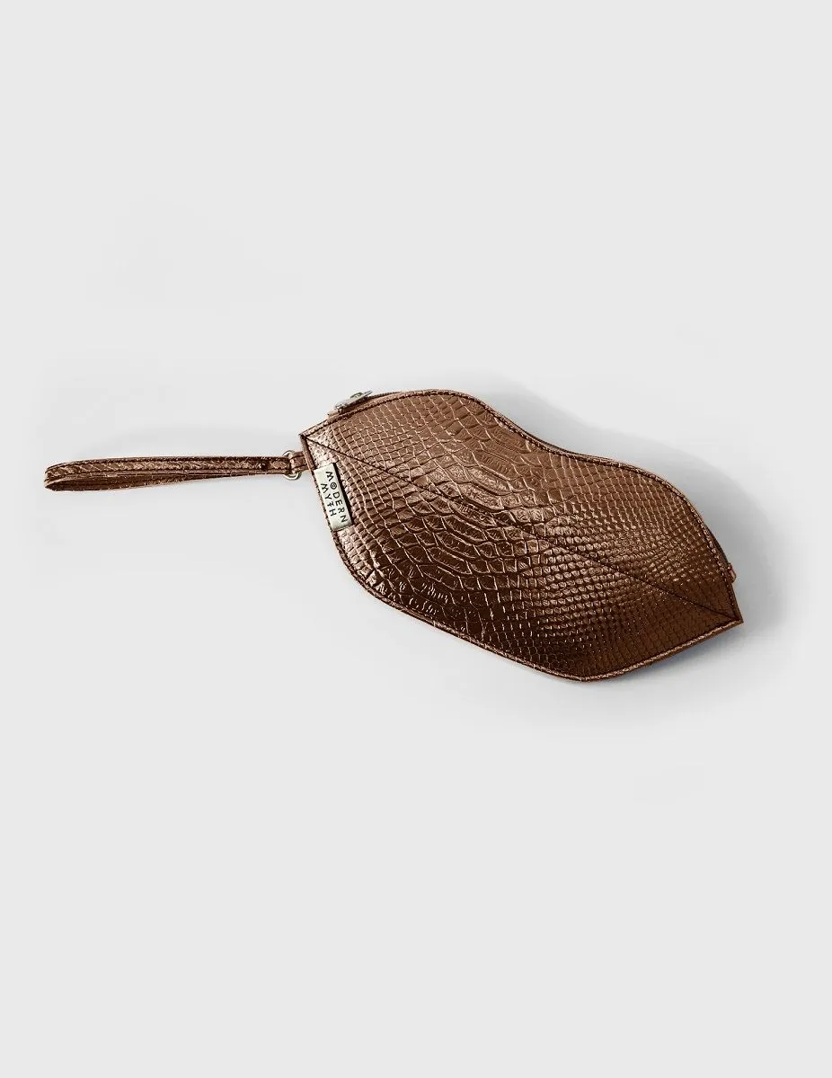 Textured Bronze Lips Shaped Metallic Makeup Pouch | Modern Myth