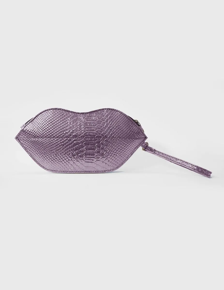 Textured Pink Lips Shaped Metallic Makeup Pouch | Modern Myth
