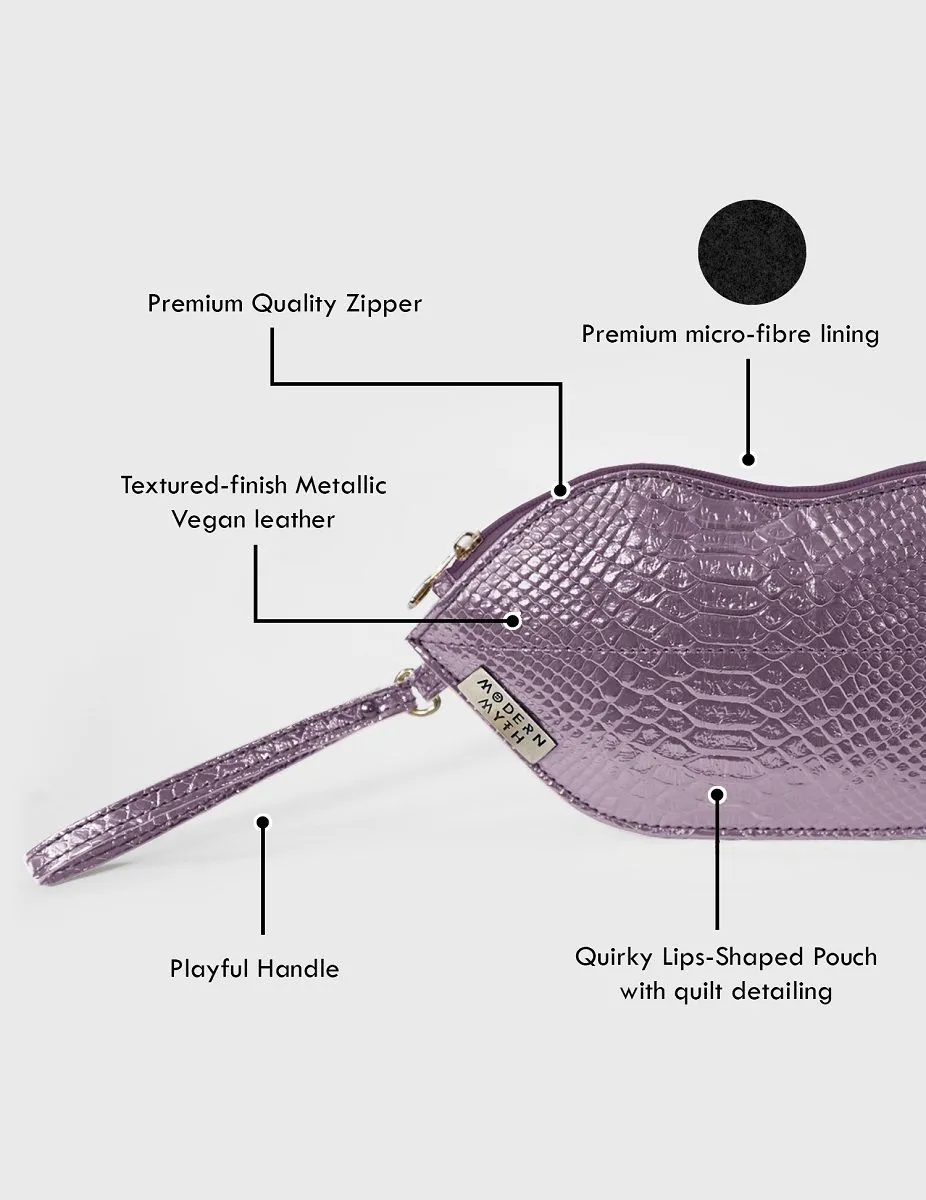 Textured Pink Lips Shaped Metallic Makeup Pouch | Modern Myth