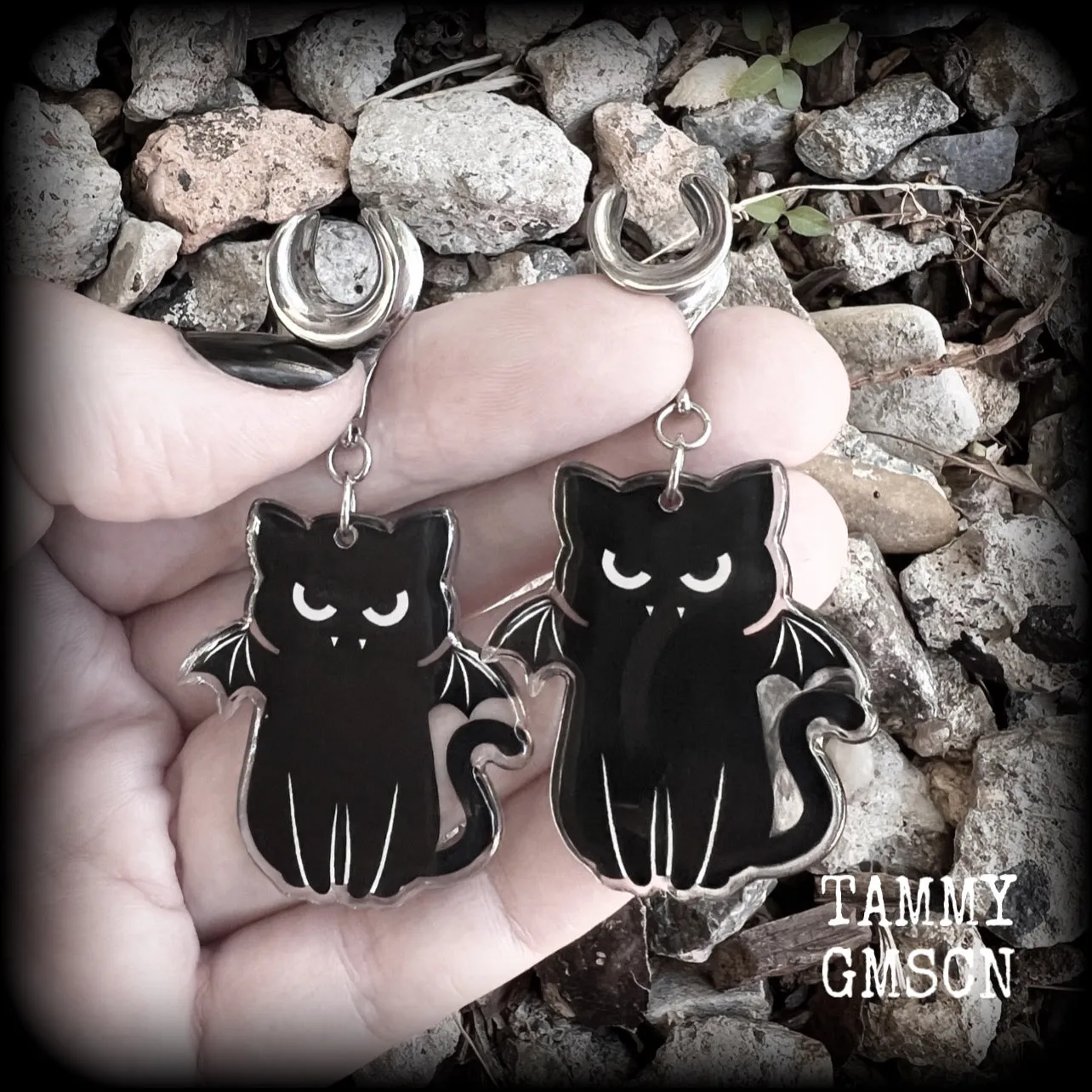 Vampire cat gauged earrings-Halloween earrings