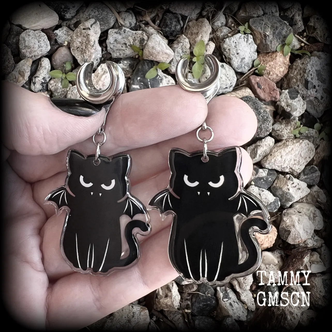 Vampire cat gauged earrings-Halloween earrings