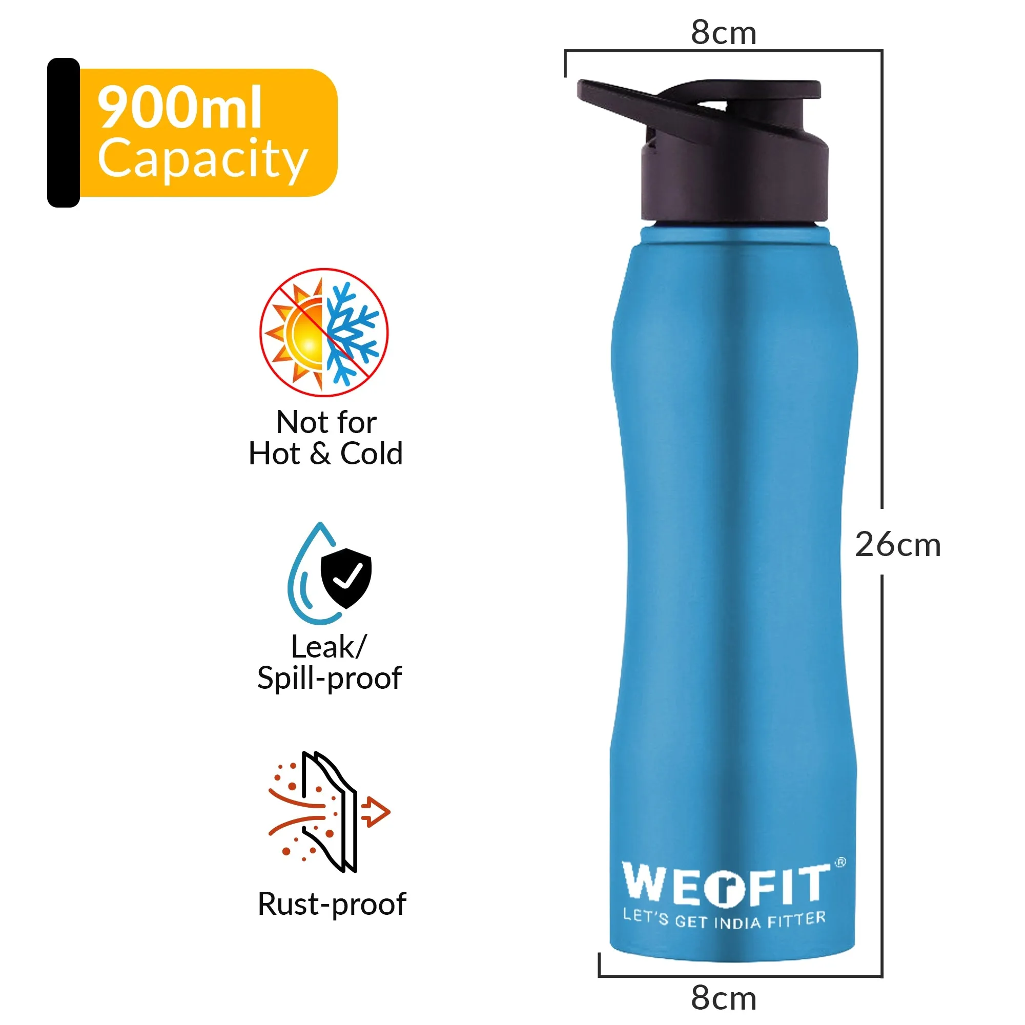 WErFIT Stainless Steel Water Bottle for Gym Park Cycling Yoga Office School Sports 900 ml Shaker  (Pack of 1, Blue, Steel)