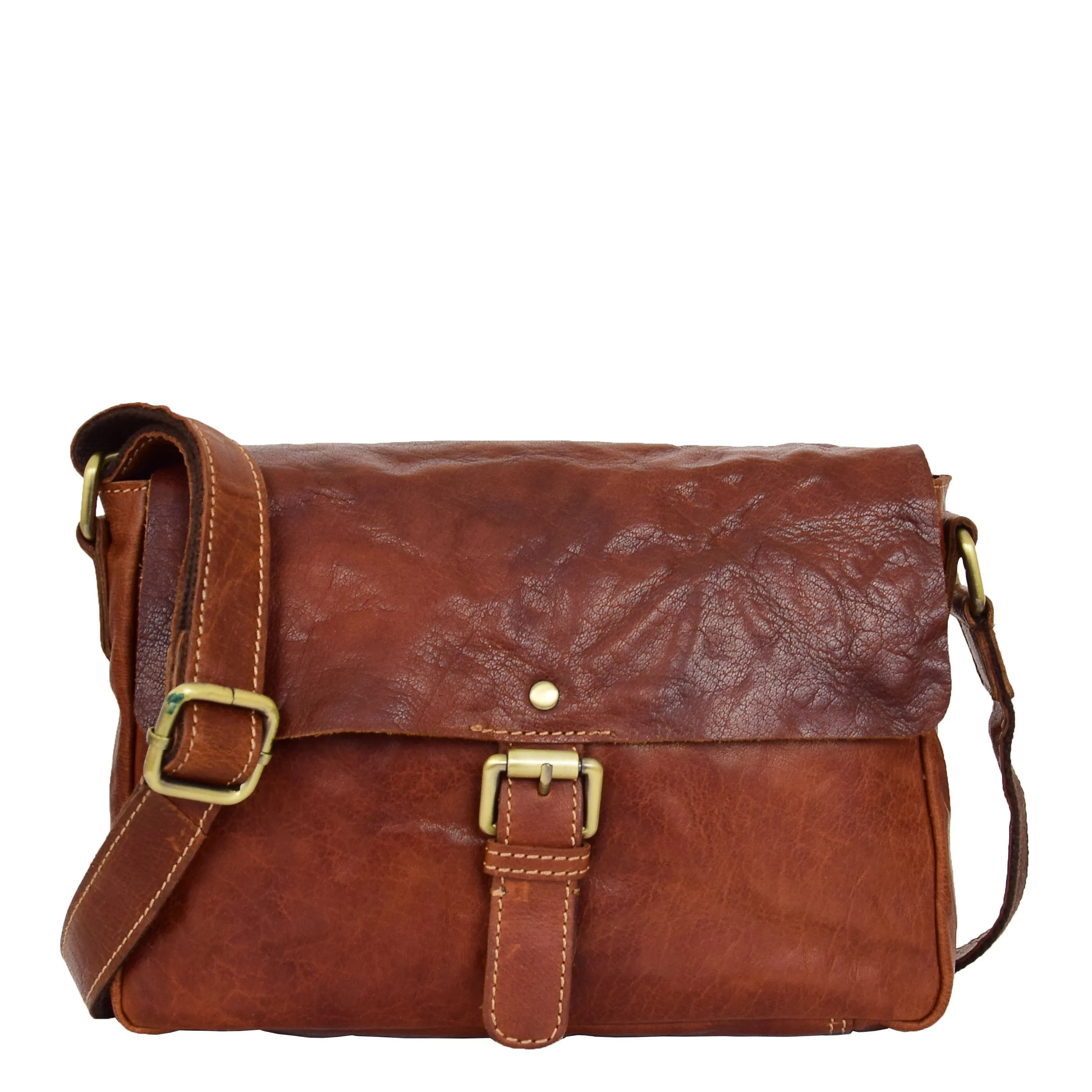 Womens Leather Classic Cross Body Shoulder Bag Hazel Cognac