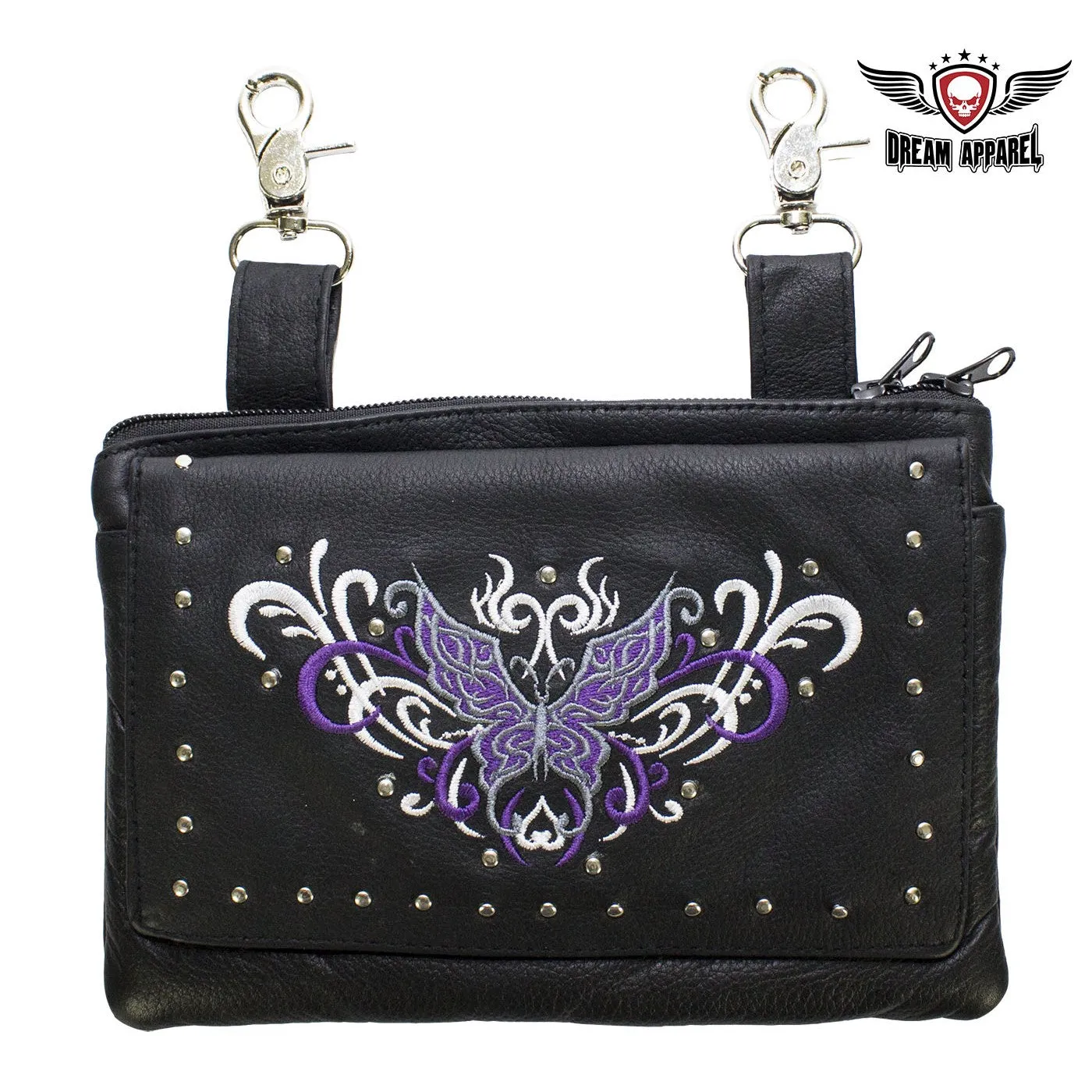 Women's Naked Cowhide Leather Purple or Pink Butterfly Belt Bag 8.5" x 5.5"