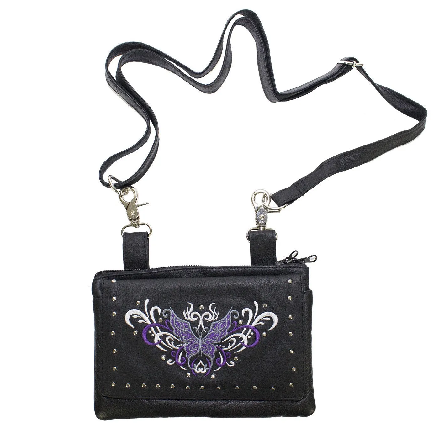 Women's Naked Cowhide Leather Purple or Pink Butterfly Belt Bag 8.5" x 5.5"